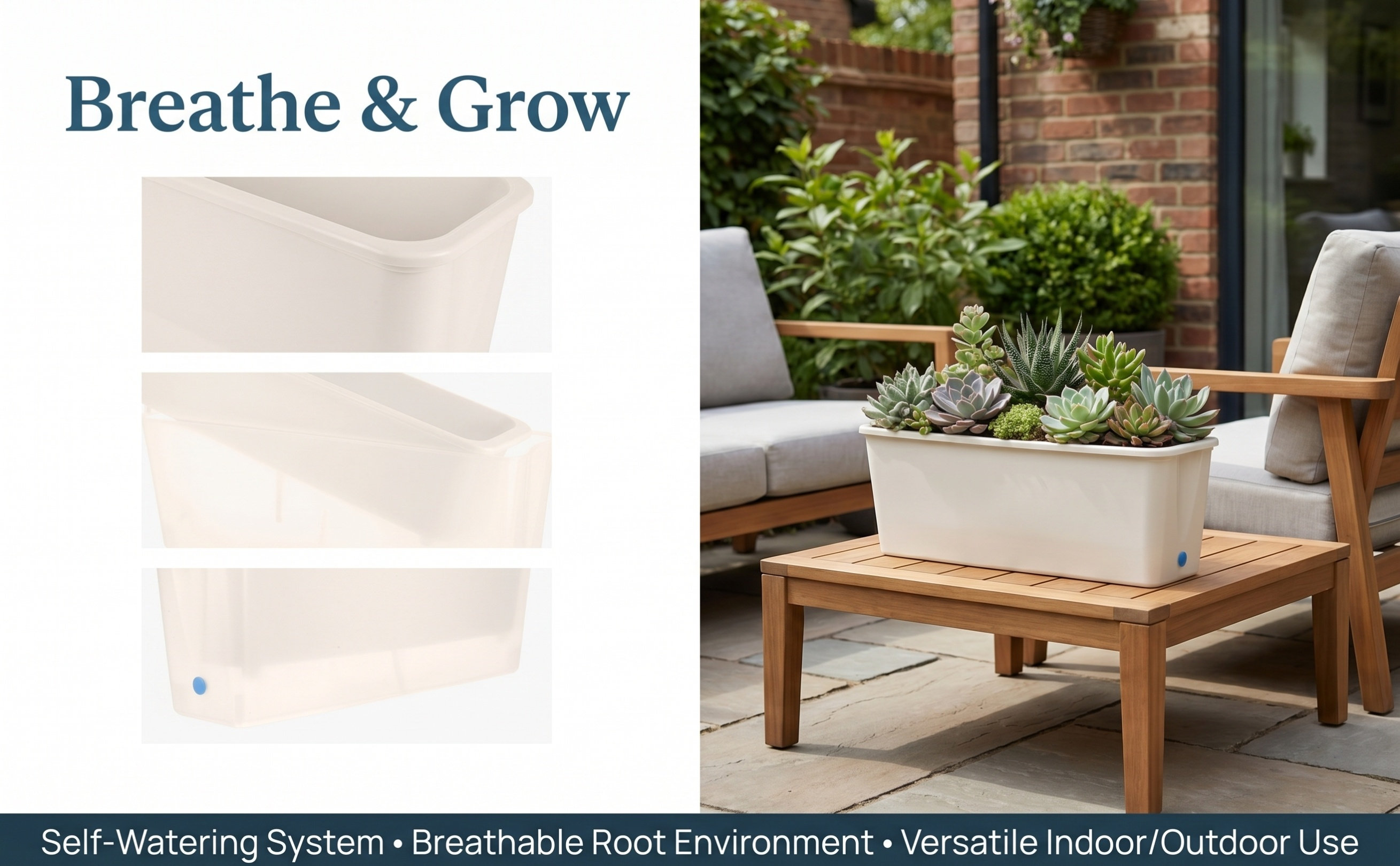 Self-Watering Planter - Fioriera rettangolare a irrigazione automatica, stretta,